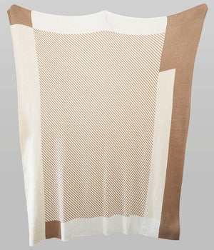 Wool blend throw blanket in camel and beige with stripe patterns | fully opened