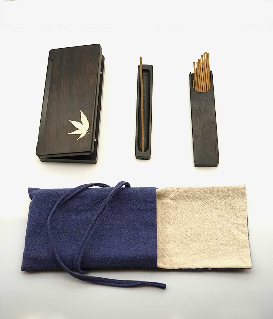 Portable wood incense burner with handmade bag and incense sticks | full set